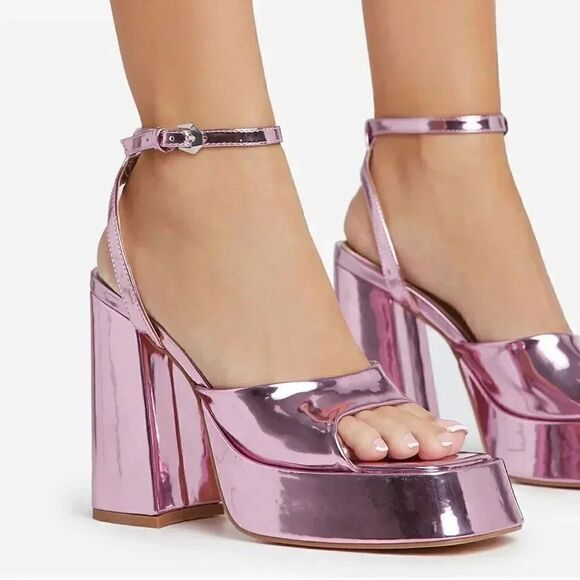 EGO NORRA ANKLE STRAP OPEN PEEP TOE PLATFORM BLOCK HEEL IN PINK PATENT - Picture 2 of 5